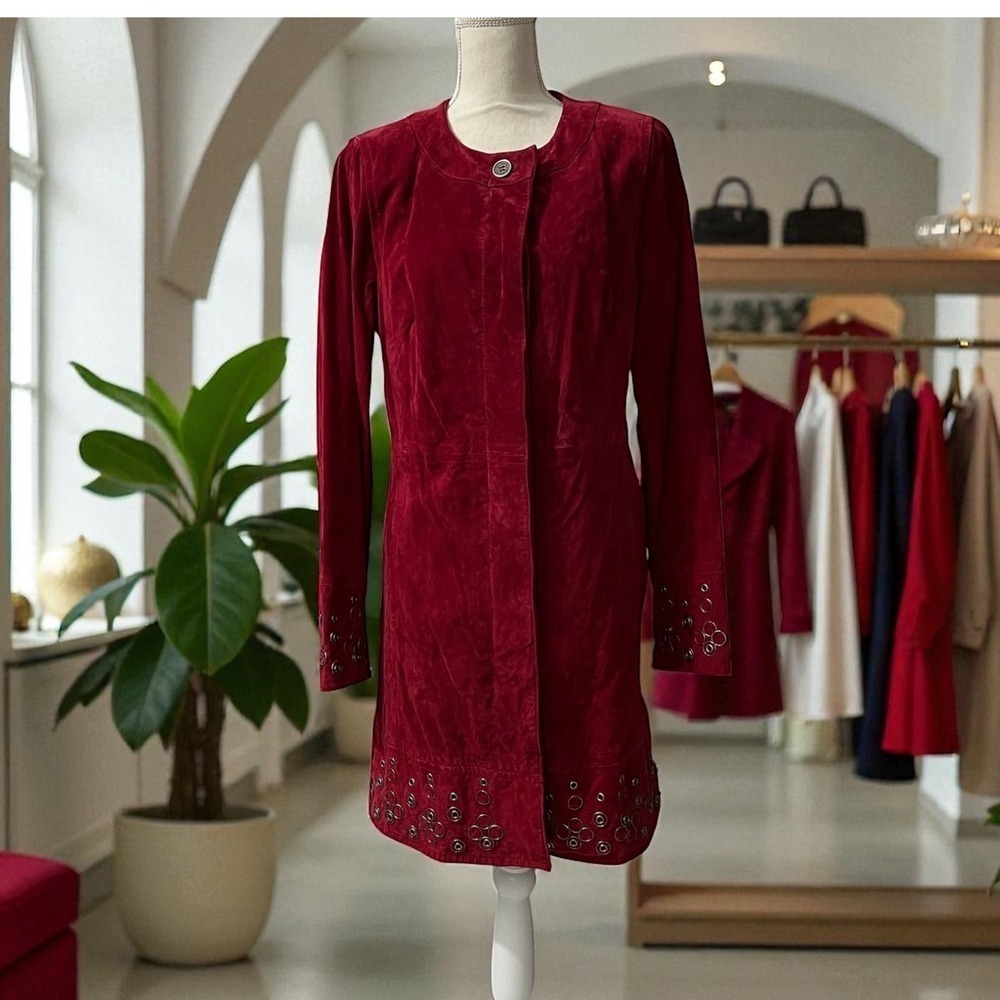 Bradley Bayou Red Suede Grommet Trimmed Long Sleeve Jacket Coat Women's Medium - Picture 12 of 12